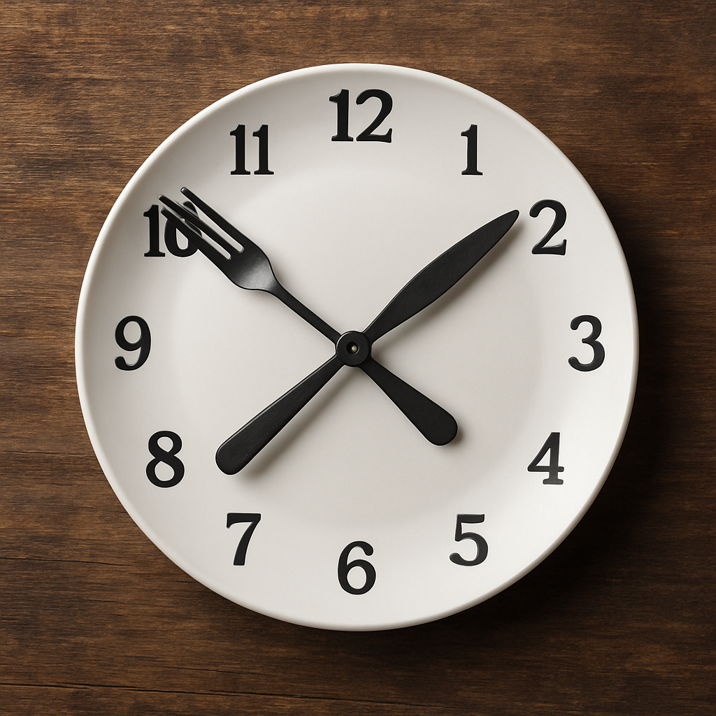 Intermittent Fasting diagram showing 16:8 fasting method with a clock