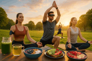 People enjoying metabolism-boosting wellness trends activities outdoors in 2025, including healthy food and fitness