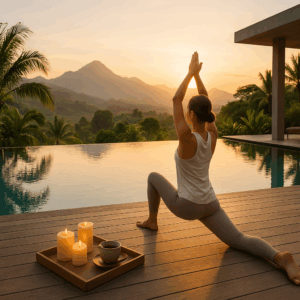 Woman practicing yoga at sunrise by an infinity pool during one of the top wellness retreats in 2025, surrounded by nature and mountains.