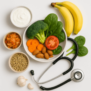 Gut health diet plan ingredients including yogurt, bananas, spinach, broccoli, kimchi, almonds, garlic, and a stethoscope on a white background.