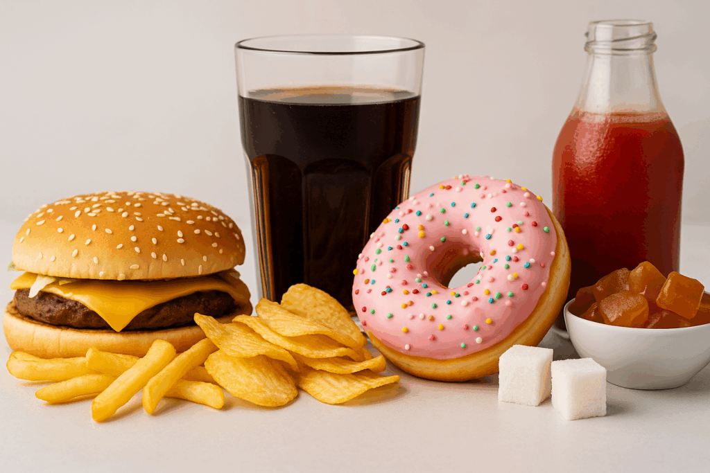 Unhealthy foods to avoid in a gut health diet plan including soda, fries, burger, donut, and processed sugar.
