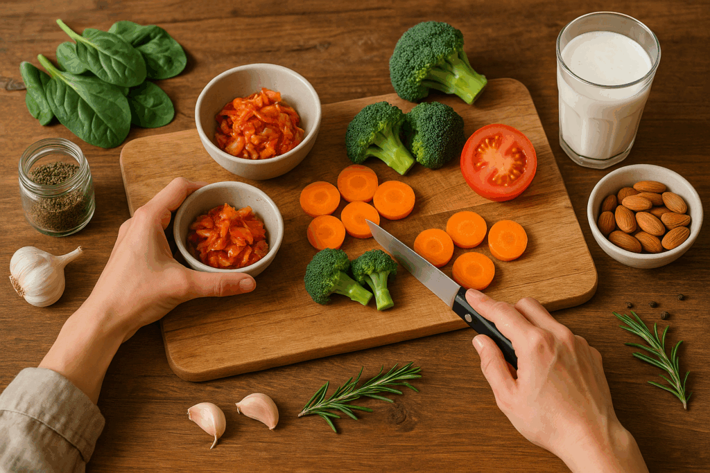 Gut health diet plan ingredients including kimchi, broccoli, almonds, and vegetables being prepared on a wooden board.