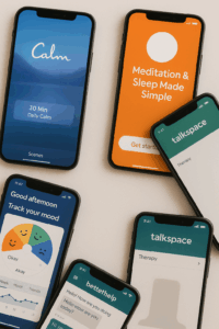 Best Mental Wellness Apps 2025 including Calm, Talkspace, BetterHelp, and mood tracking tools displayed on smartphone screens