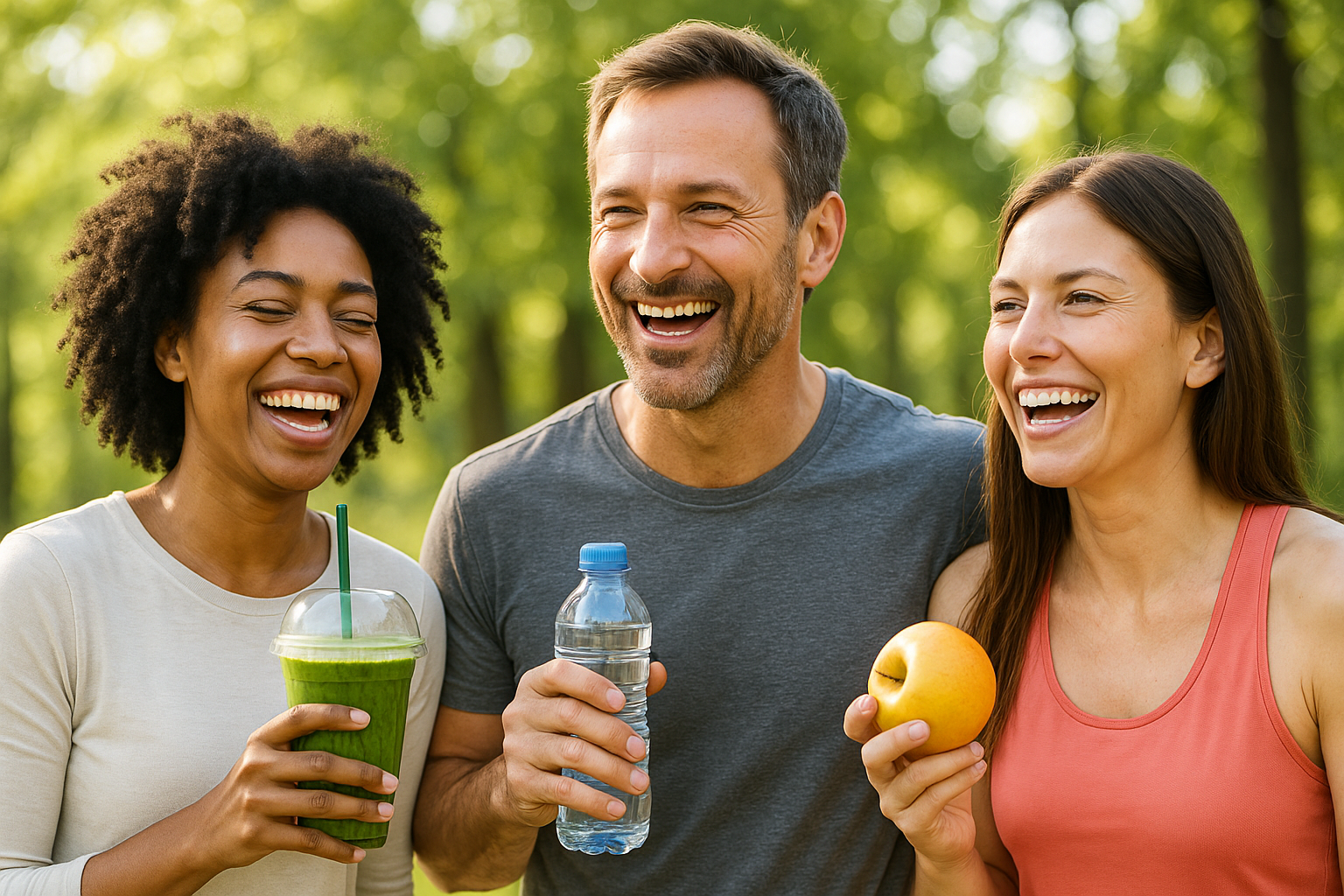 happy adults enjoying healthy drinks and snacks as natural ways to boost your energy