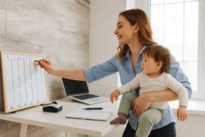 Mother multitasking with child at home — time management for parents