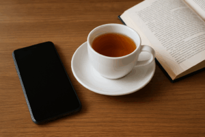 digital detox morning routine with tea and journal