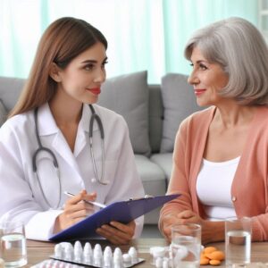 Woman consulting doctor about estrogen therapy with medication on table